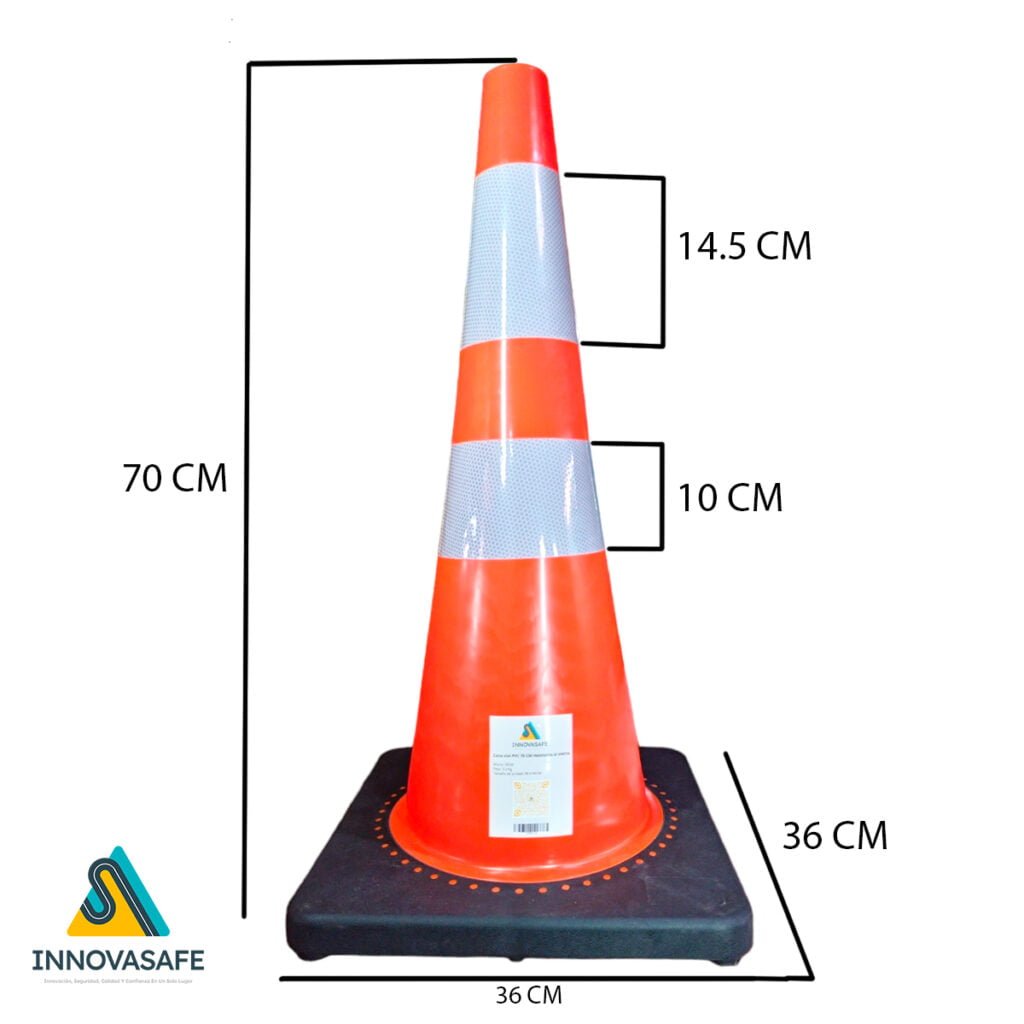 Medidas del cono vial de 70 cm CV0001-70: 70 cm de alto y base de 35 x 35 cm