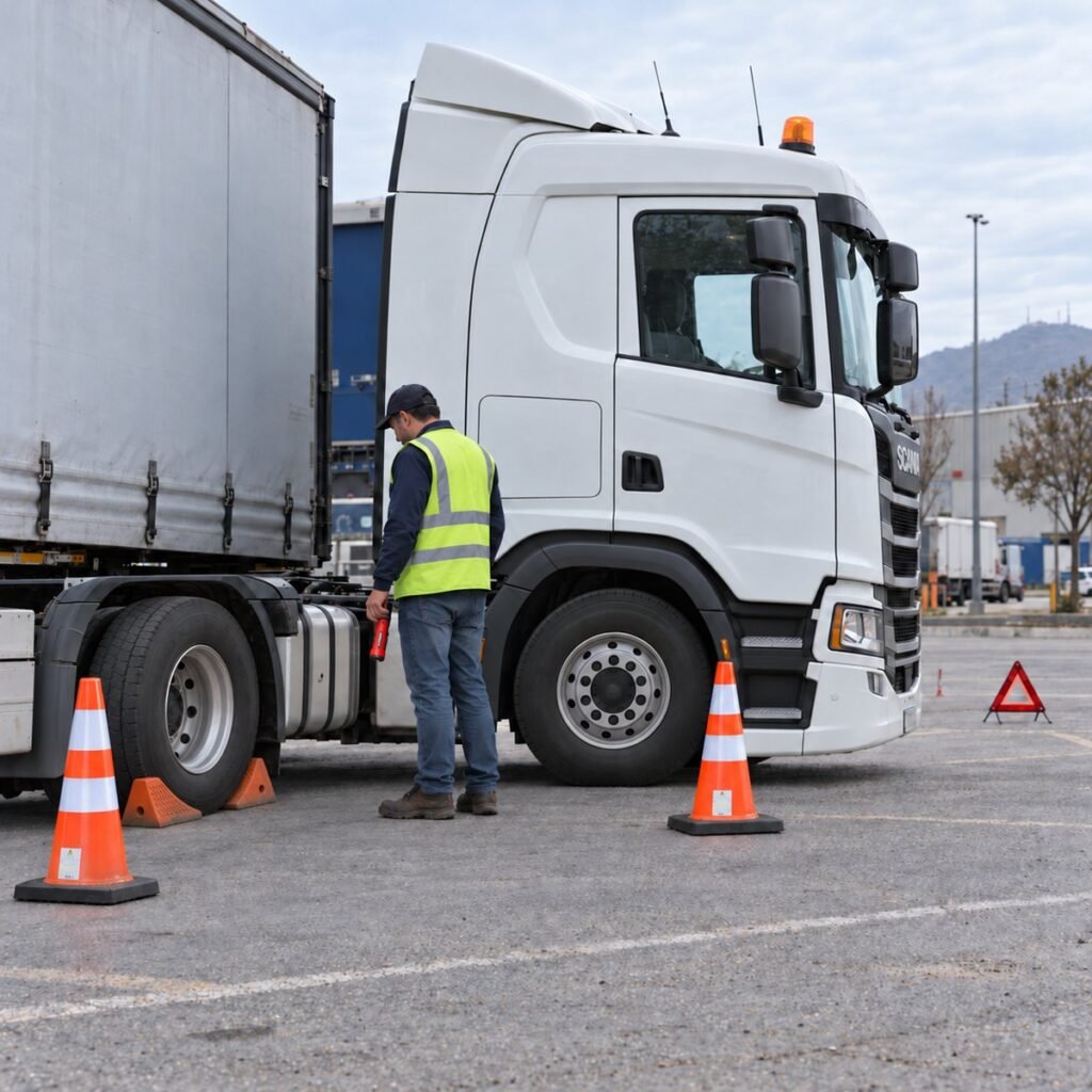 Conductor usando el kit de emergencia para camión con cuñas y conos
