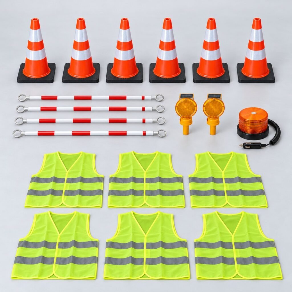 Kit de señalización para cuadrillas: 6 conos, barras, lámparas solares, chalecos y baliza