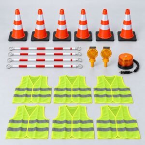 Kit de señalización para cuadrillas: 6 conos, barras, lámparas solares, chalecos y baliza